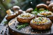 Baked Mushrooms on a Wooden Restaurant Table, Stuffed Champignons with Forest View