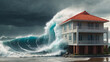 Illustration of miniature house in the middle of the ocean during powerful tsunami and storm. Big waves crashing down. Natural disaster