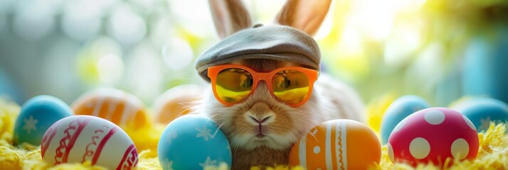 Wall Mural - funny Easter bunny with sunglasses and cap sits in the grass with colourful Easter eggs