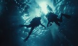 Fototapeta Do akwarium - Underwater diver exploring the ocean depths