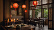 Asian fusion dining room with a low dining table and paper lanterns