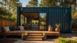 Beautifully adorned shipping container residence, basking in the sunlight while exploring its sustainable living features.