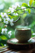 Serene image of a steaming cup of tea amidst blooming flowers, capturing a moment of calm