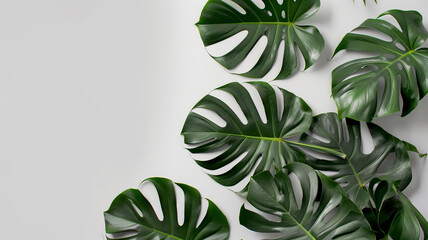 Wall Mural - A vibrant assortment of tropical foliage with various shapes and shades of green, presented against a pure white