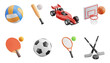© Mintoboru - Sport 3d icon set. Sports disciplines. Volleyball, baseball bat, racing car, basketball hoop with ball, table tennis racket, soccer ball, tennis racket, hockey sticks and puck. Transparent background