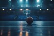 intensity of a basketball ball resting on the floor of a basketball arena, captured from a low angle amidst dim lighting and a dark blue ambiance. Immensely detailed and hyper-realistic