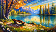 Abstract Oil Painting Of Bench On Shore On Lake, Mountains And Forest. Dramatic Sky. Natural Landscape.