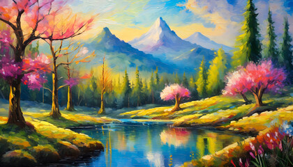 Wall Mural - Abstract oil painting of river, mountains and blooming pink trees. Dramatic sky. Natural landscape.