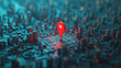 Digital Network Connectivity Concept with Red Map Pin and Cityscape