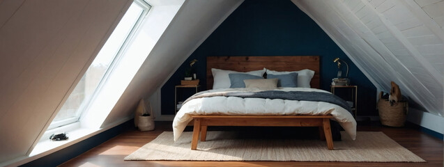 Wall Mural - Cozy attic bedroom with sloped ceilings and skylights