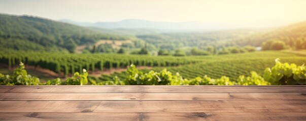 Wall Mural - Empty wood table top with on blurred vineyard landscape background, for display or montage your products. Agriculture winery and wine tasting concept. digital ai art