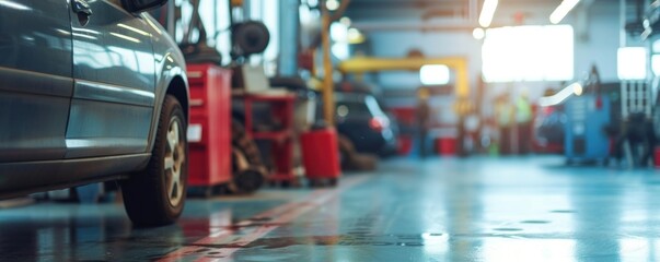 blurred car maintenance center or auto interior