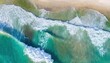 Overhead photo of crashing waves on the shoreline beach. Tropical beach surf. Abstract aeria