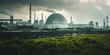 wide shot photo of industrial facility on a grass plain, massive industrial dome, smokestacks, pipes and brutalist buildings, rainy day