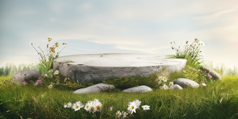 Poster - White stone podium on green meadow with grass and flowers ready for product placement, freshness and natural product concepts