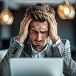 Painful Reflections: The Unseen Side of Work Life. A young businessman is overtaken by stress, his face a portrait of agony as he grapples with intense discomfort or a migraine.
