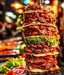 A Turkish Döner Delight - Turkish Döner kebab, with its juicy, charred meat layers nestled between crisp vegetables and soft flatbread, captured in the lively glow of a street food market.