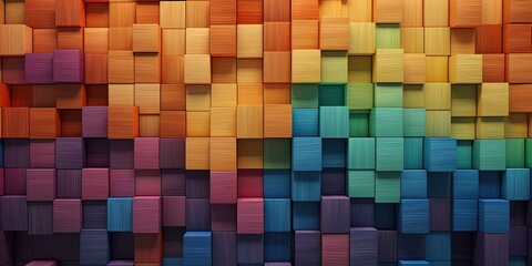 Wall Mural - Spectrum of stacked multi-colored wooden blocks. Background or cover for something creative, diverse, expanding, rising or growing