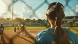 © Bird Visual - Closeup photo of a softball players back looking towards the field with at game time Wide angle.