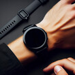 Mockup black smartwatch on the wrist isolated on black background copy space. ai generative