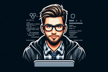 portrait of a young handsome white american nerdy it software developer programmer worker illustration. ai generative