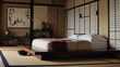 Japanese-inspired bedroom with a low platform bed and shoji screens