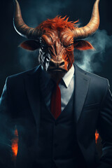 Wall Mural - An angry bull with red hair dressed in an office suit and tie