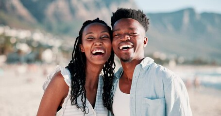 Poster - Face, beach and hug with black couple, smile and romantic with honeymoon, adventure and travel. Portrait, embrace and seaside with man and woman with happiness and marriage with relationship or love