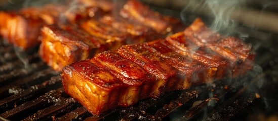 Wall Mural - Sizzling close-up of delicious meat grilling on a barbecue with flames