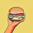retro vintage old stylish poster, hand holding a juicy hamburger