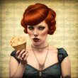 retro portrait of fashionable stylish redhead woman 50s with ice cream cone in vintage poster style, modern contemporary art