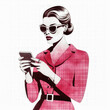 retro portrait of a fashionable stylish woman in sunglasses with a smartphone in risoprint style, vintage dot duotone pop art, contemporary art