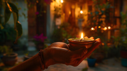 Hand Holding a Traditional Oil Lamp in a Serene Evening Ambiance