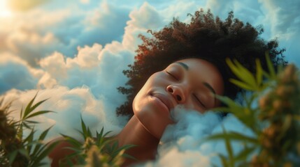 cbn concept of healthy sleep and relaxation. woman sleep in a cloud surrounded by cannabis plants. h