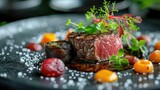 Fototapeta Przestrzenne - Exquisite gourmet steak adorned with herbs on an artistic plate with condiments