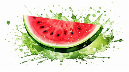 Watermelon slice with splash effect on white background. Watercolor painting. Juicy fruit and refreshing