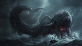 Fototapeta  - 3D flat Leviathan dark sea monsters wrath