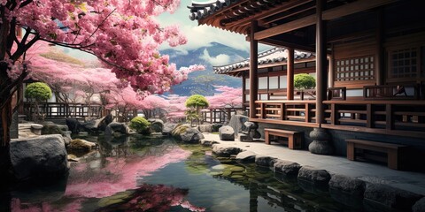Sticker - Japanese onsen ryokan. cherry blossoms outside. Spring season. Tradaitonal style architecture ryokan. Wide format.