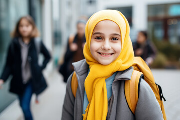 Wall Mural - A little Muslim girl, an elementary school student in front of a yellow school bus.