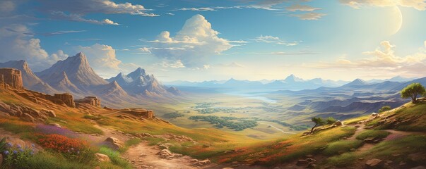 Wall Mural - Pathway forward into a beautiful serene landscape. Horizon views over the rivers, mountains, deserts, and fields