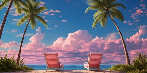 Sticker - Under the blue sky, two vibrant pink lounge chairs are positioned amongst the swaying arecales of a tall palm tree, creating a picturesque outdoor beach scene