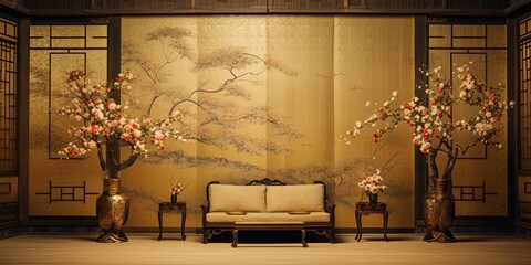 Wall Mural - A vintage Japanese room, background. Traditional high class Japanese style room with gold style decorated walls.