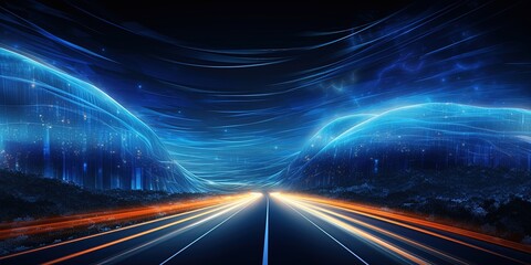 Wall Mural - Abstract road with blue light trails , data transfer speed and digitization concept