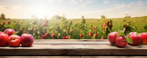 Wall Mural - Empty rustic old wooden boards table copy space with apple trees orchard in background. Some ripe red fruits on desk. Product display template.