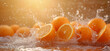 Fresh orange splashing in water with droplets flying around, vibrant colors. stock photo of water splash with sliced orange Food Photography.
