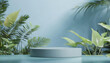 3D product podium; abstract modern 3d shape for products display; pastell blue; plants and beach vibes
