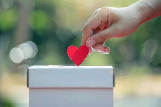 A female hand carefully inserts a red paper heart into the slot of a white donation box. The action symbolizes charity, donation, election, fundraising, help, love, and gratitude.