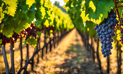 Canvas Print - Sunny vineyard with clusters of ripe grapes in focus