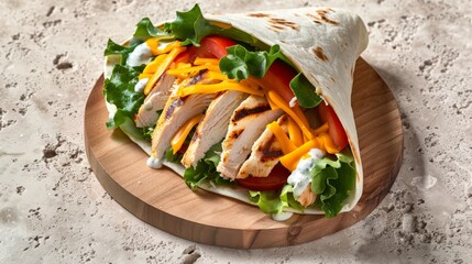 Wall Mural - Delicious Chicken Wrap with Grilled Meat and Fresh Veggies