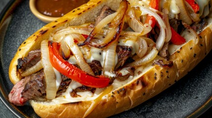 Wall Mural - Gourmet Philly Cheesesteak with Melted Cheese and Vegetables